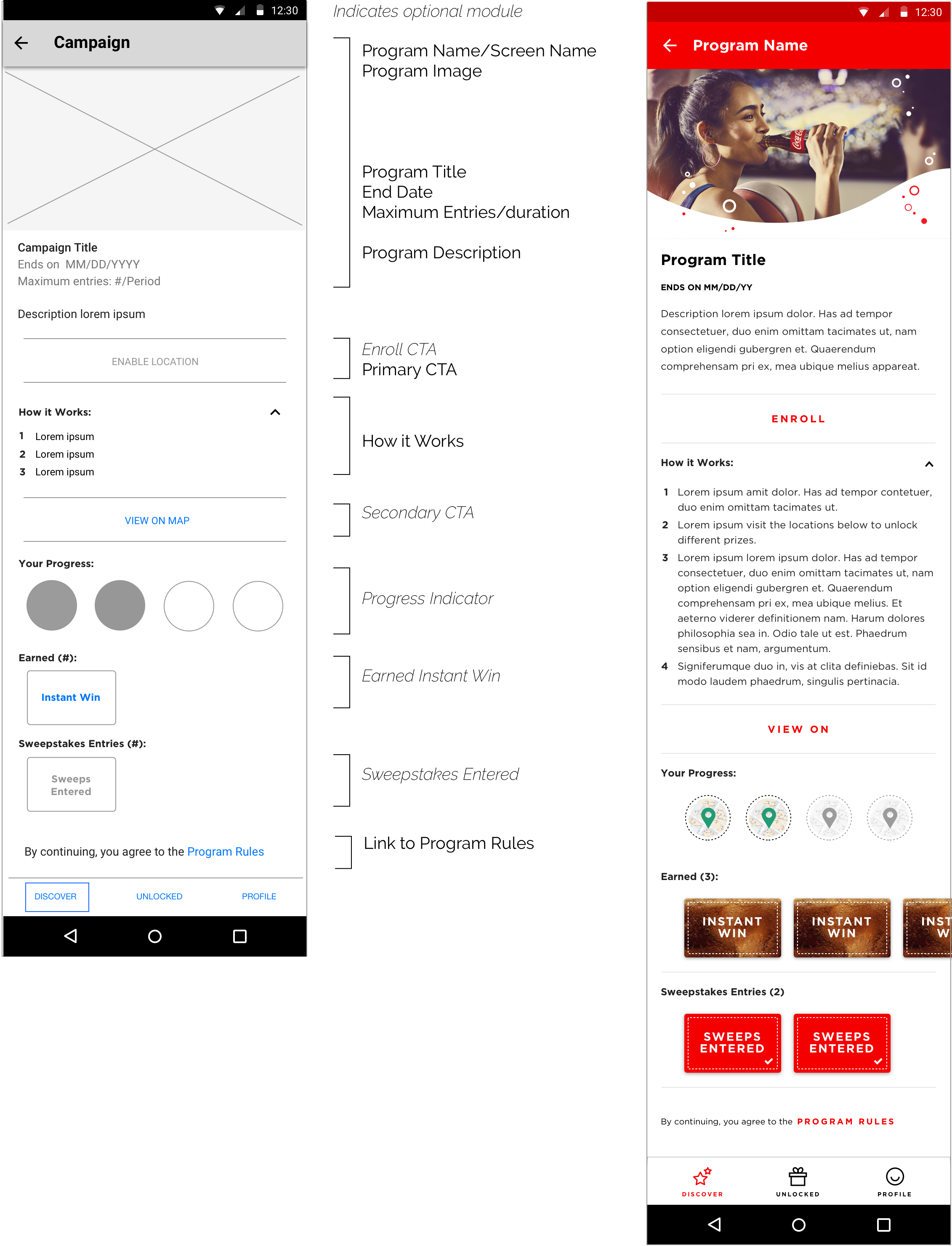 Modular campaign component system, wireframe to shipped screen