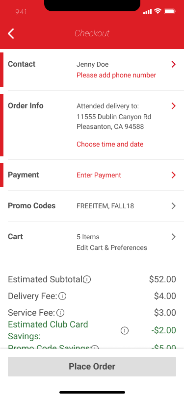 Checkout summary with missing contact, delivery time, and payment info flagged in red