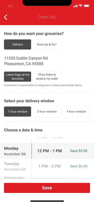 Delivery date and time selection with a sticky save action