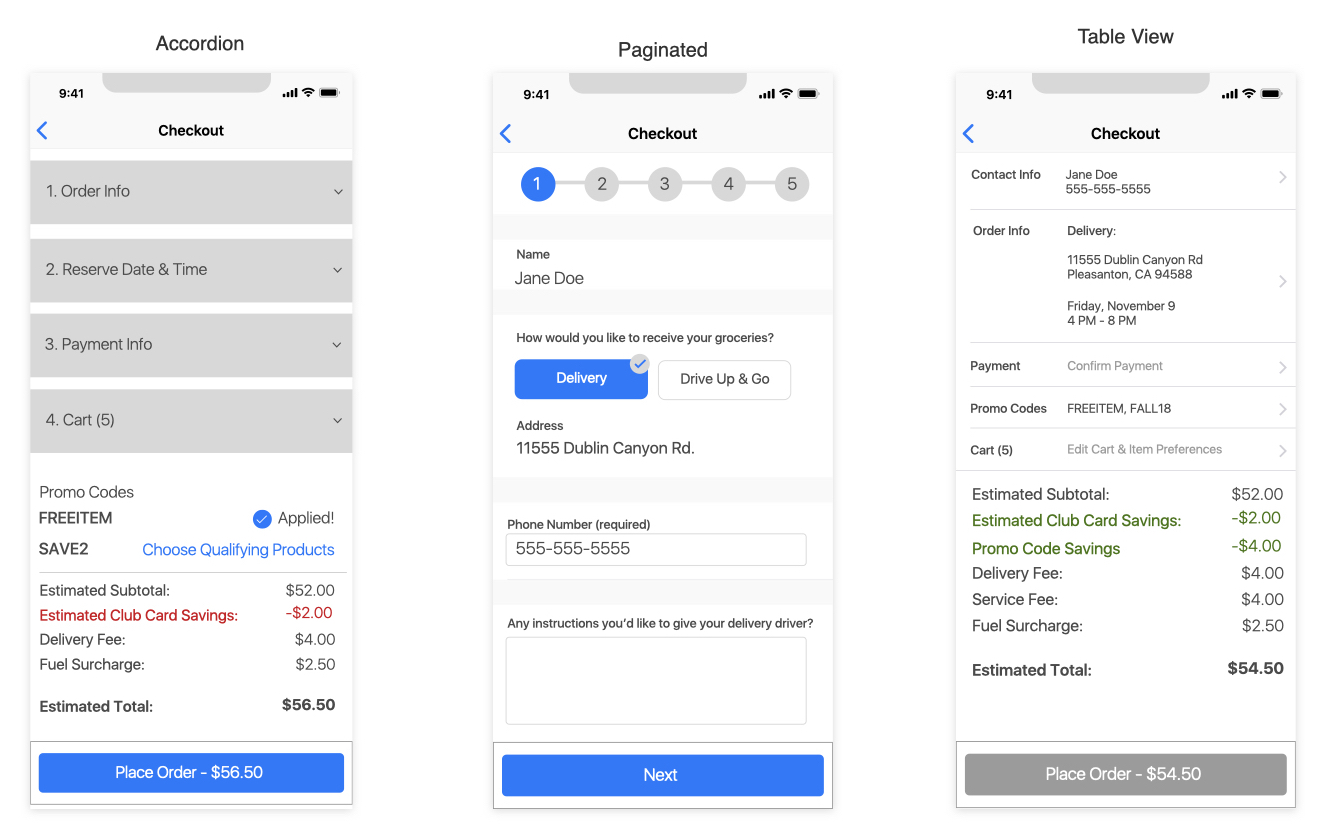 Three checkout concepts: accordion, paginated, and table view