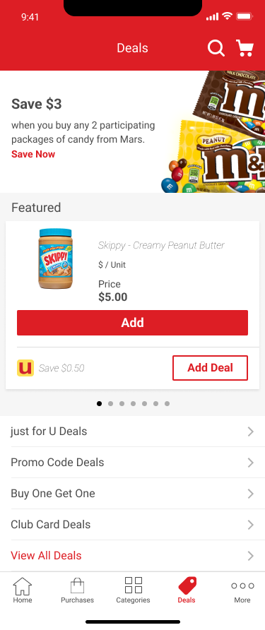 Deals tab consolidating J4U, buy-one-get-one, promo code, and club card savings