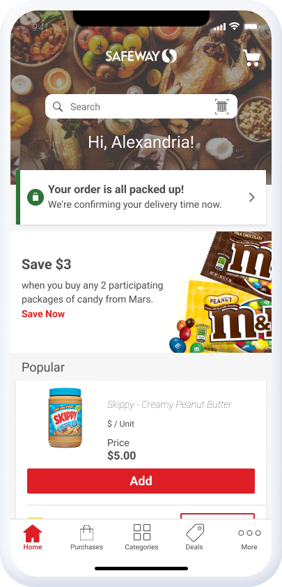 Home tab for a current order, showing packed-up status and delivery confirmation