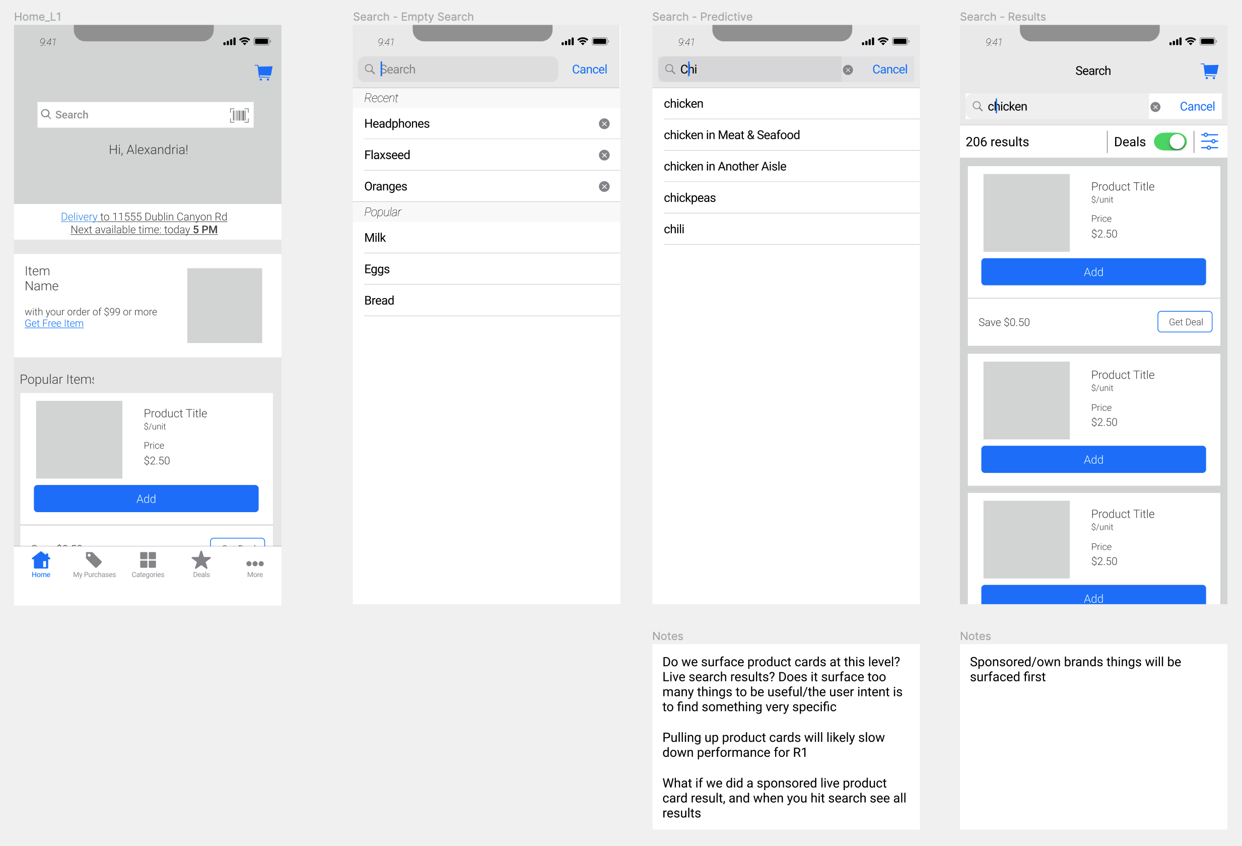 Search wireframes: home entry point, empty state, predictive search, and results with a deals filter
