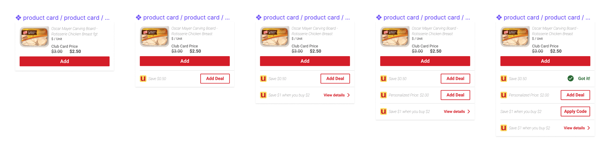 Standard product card scaling from zero deals to several stacked deals