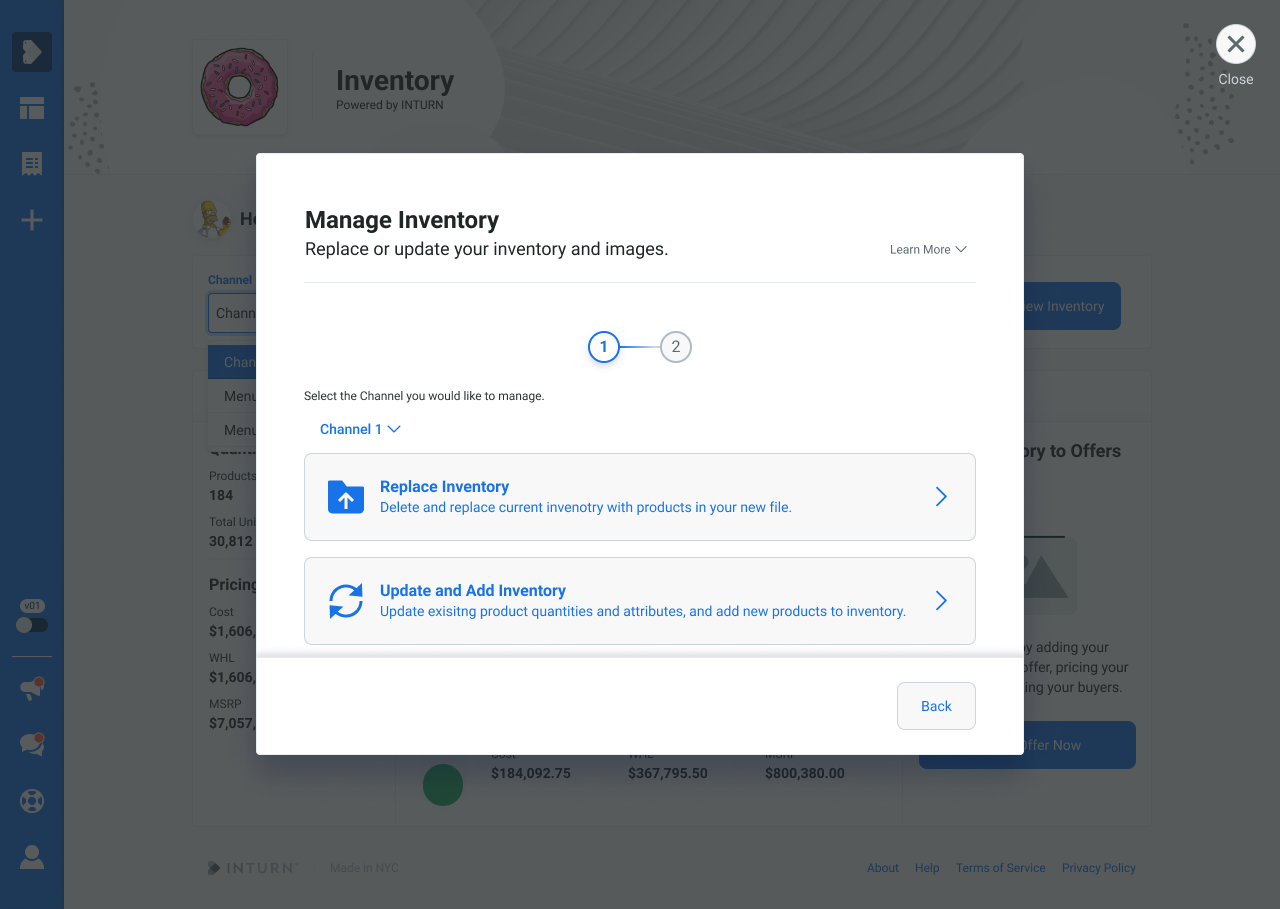 Manage Inventory modal, step one