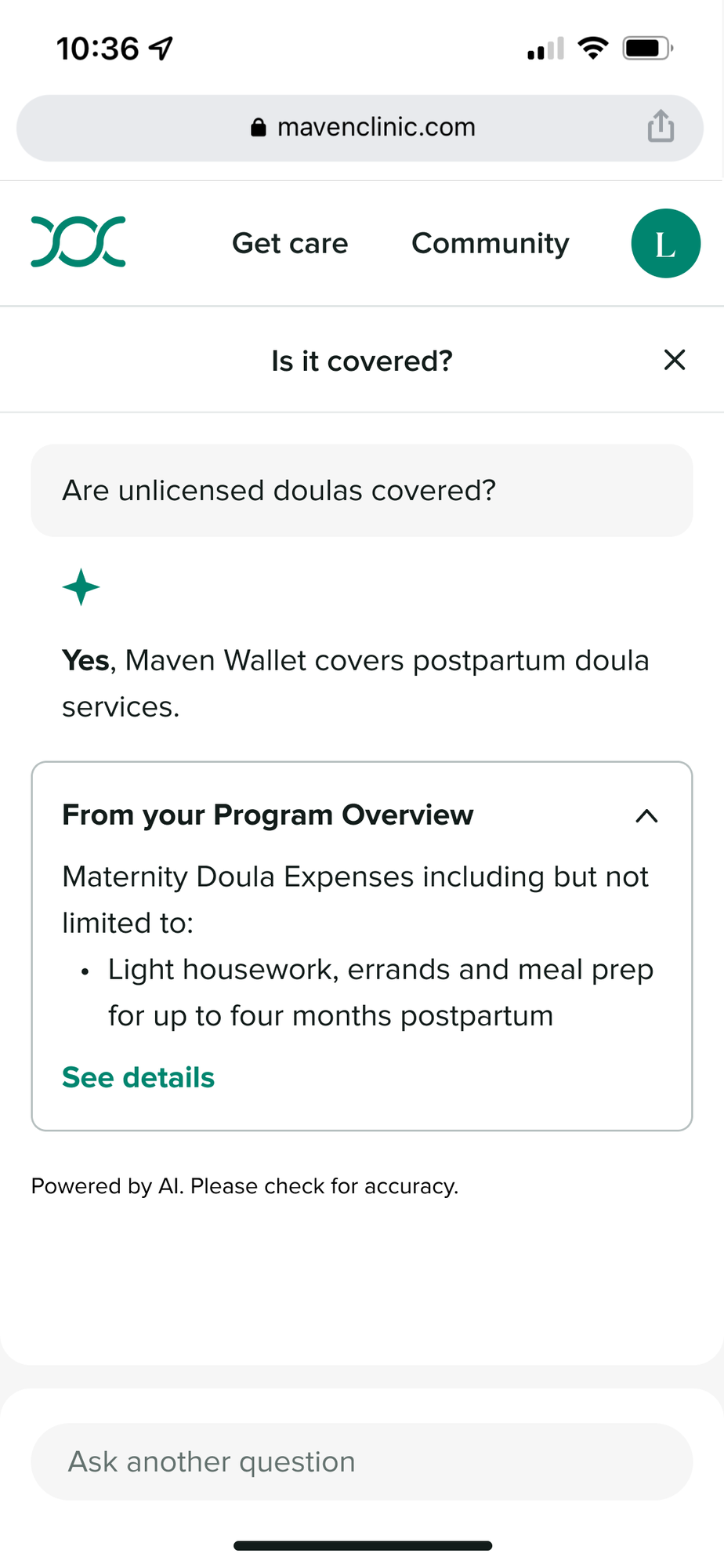 Benefits explorer — AI answer with source link (v1)