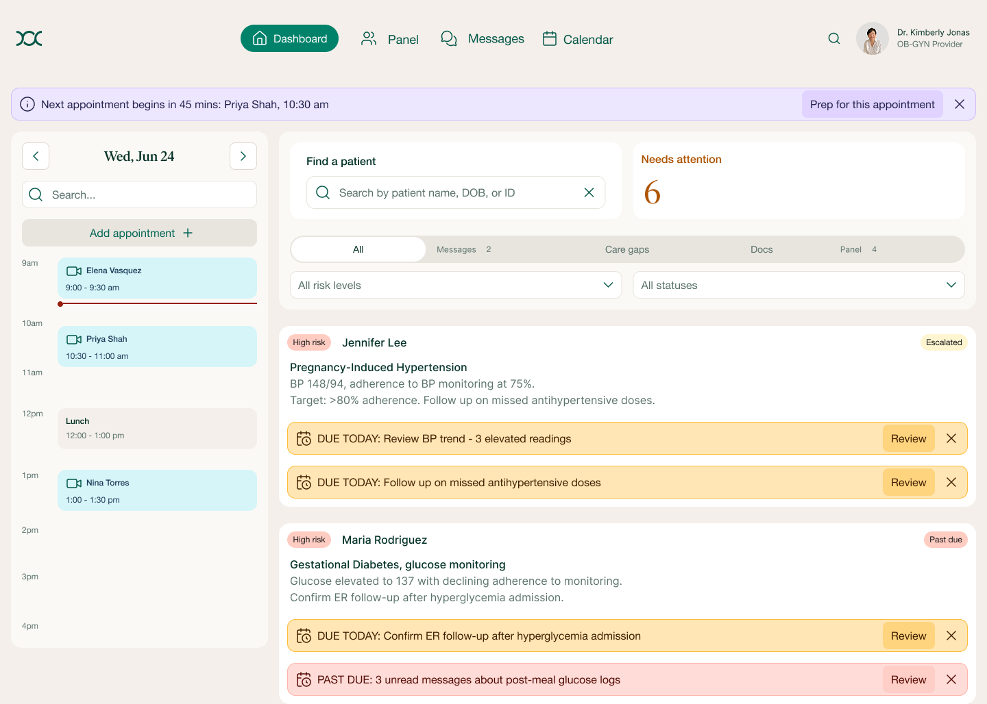 MPractice concept design — reworked provider dashboard navigation