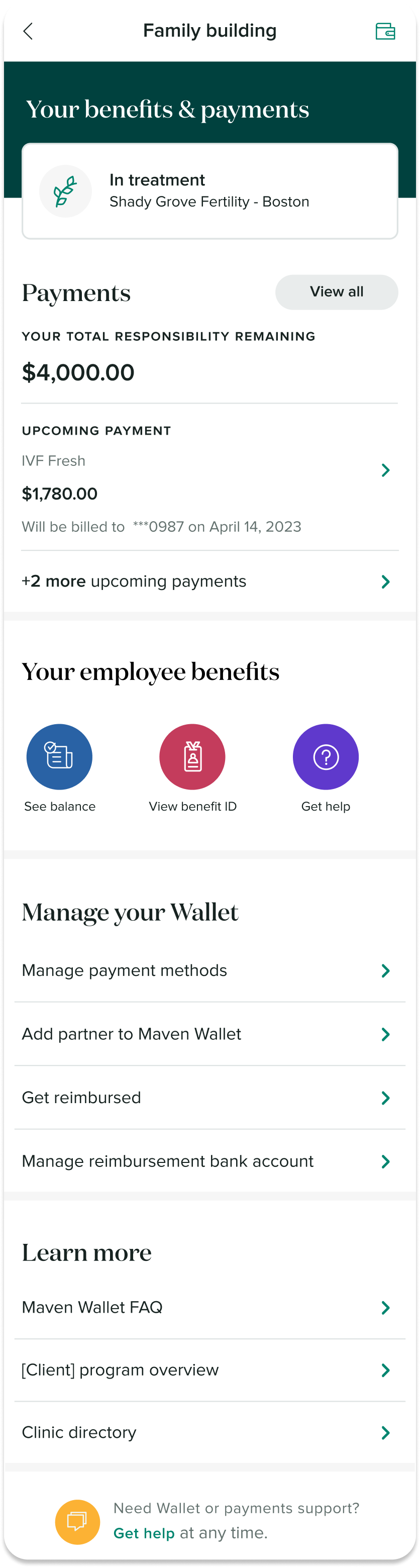 Maven Managed Benefit Wallet dashboard, scrolling through benefits, payments, and account management
